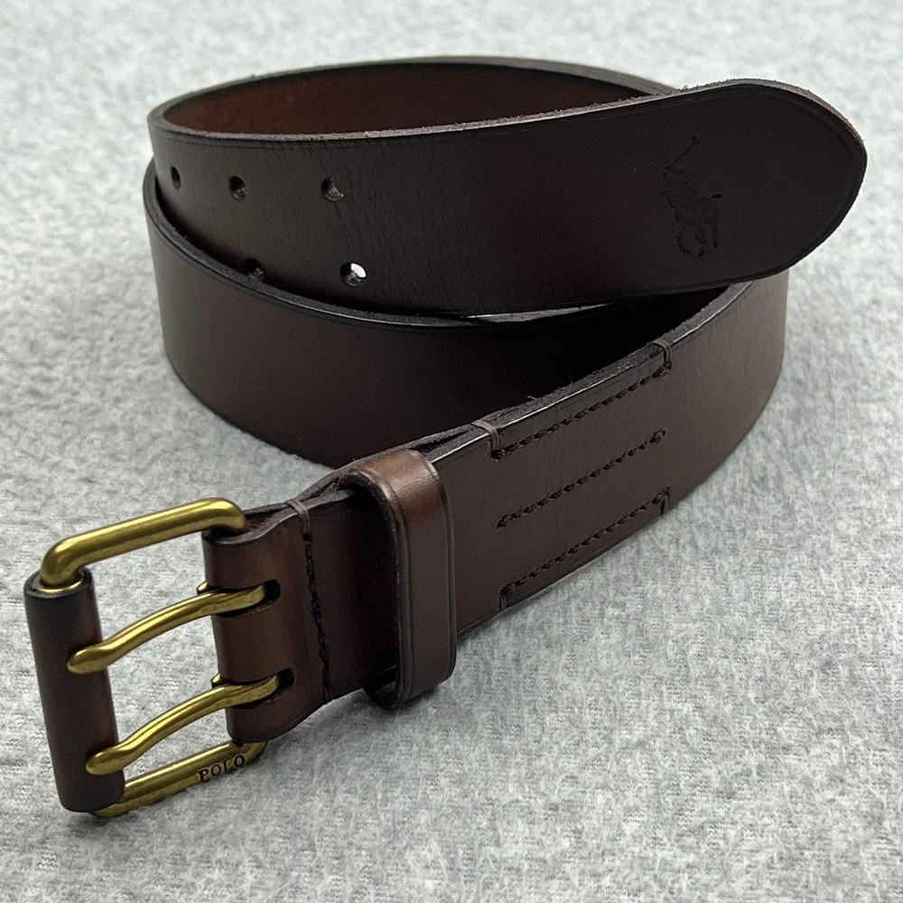Polo Ralph Lauren Double Prong Leather Belt Mens 34 Brown Brass Buckle Logo 1.5